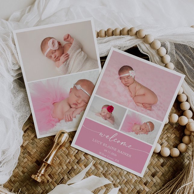 Invitation Pink Blush Welcome Baby Photo Announcement Card (Créateur téléchargé)