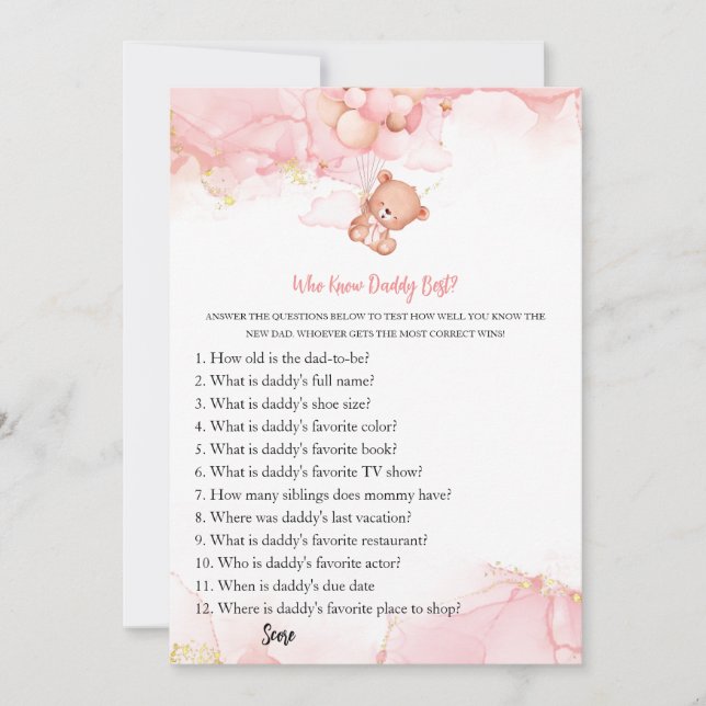 Invitation Pink Boho Bear Baby shower Conseils de jeu pour pa (Devant)