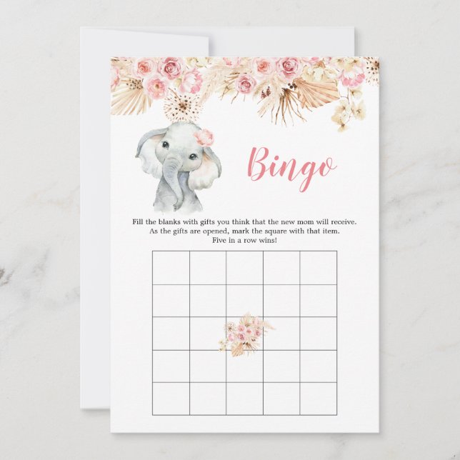 Invitation Pink Boho Elephant Girl Baby shower Bingo Jeu (Devant)