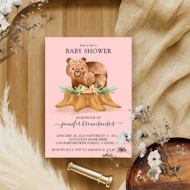 Invitation Pink Boho Famille Ours Maman Baby shower (Créateur téléchargé)