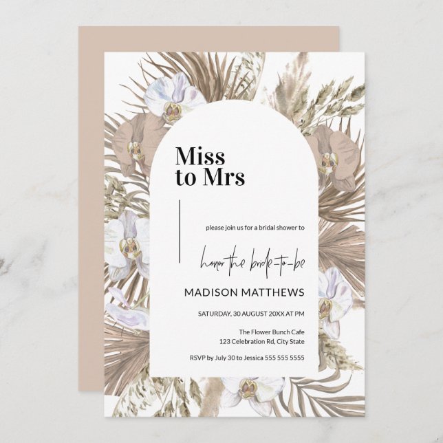Invitation Pink Boho Floral Arch Mlle à Mme Fête des mariées (Devant / Derrière)