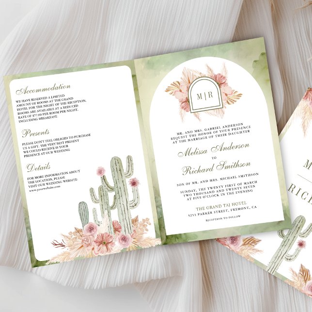 Invitation Pink Boho Floral Pampas Cactus QR Code Wedding (Créateur téléchargé)