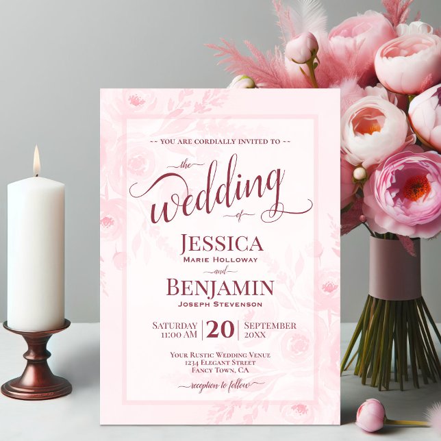 Invitation Pink Boho Floral Watercolor Stylish Script Wedding (Créateur téléchargé)