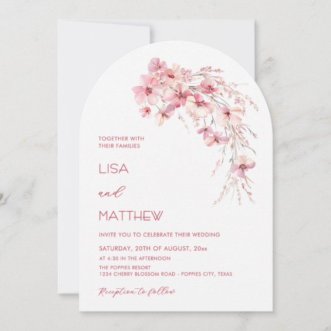 Invitation Pink Boho Flowers White Casual Wedding (Devant)