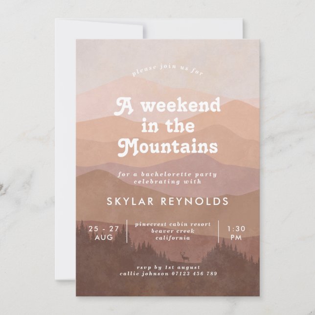 Invitation Pink Boho Mountains Retro Bachelorette Week-end (Devant)