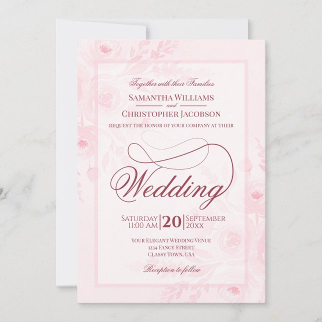 Invitation Pink Boho Watercolor Floral Fancy Script Wedding (Devant)