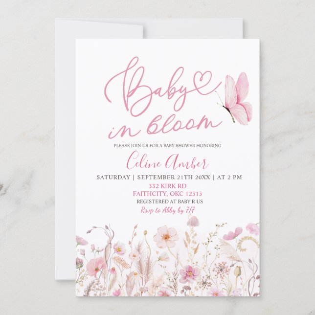 Invitation Pink Boho Wildflower Baby in Bloom Baby Shower (Devant)