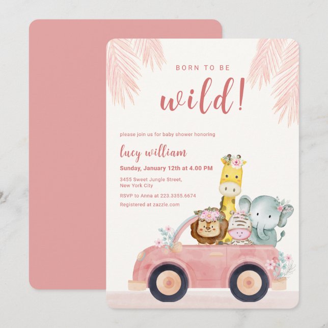 Invitation Pink Born To Be Wild Safari Animals Baby Shower (Devant / Derrière)