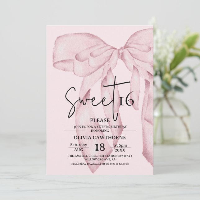 Invitation Pink Bow 16th Birthday ⎮ Elegant Sweet 16 (Debout devant)