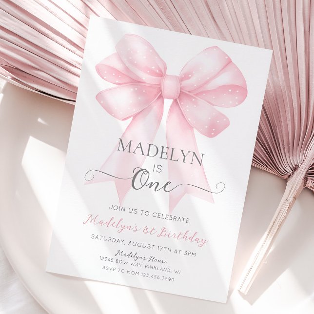 Invitation Pink Bow 1er Anniversaire Invitation, Simple fille (Pink coquette bow first birthday invitation)