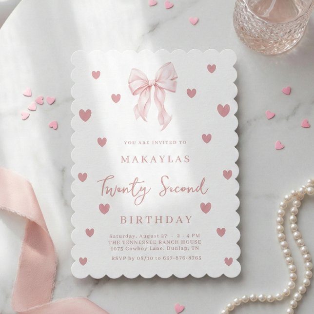 Invitation Pink Bow 22nd Heart Aesthetic Elegant Birthday (Créateur téléchargé)