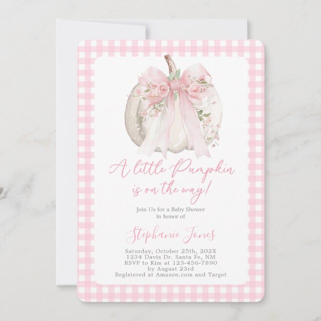 Invitation Pink Bow A Little Pumpkin Baby Shower girl (Devant)