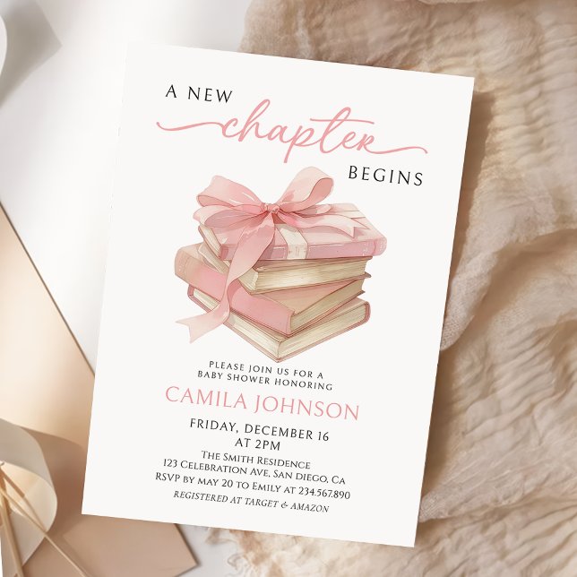 Invitation Pink Bow A New Chapter Books Baby Shower (Créateur téléchargé)