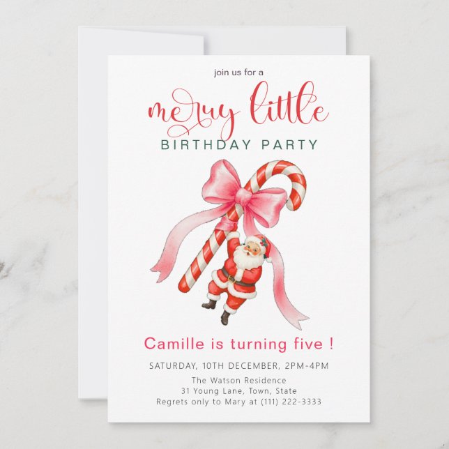 Invitation  Pink bow and candy Santa Holiday Birthday (Devant)