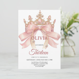 Invitation pink bow and crown birthday party 