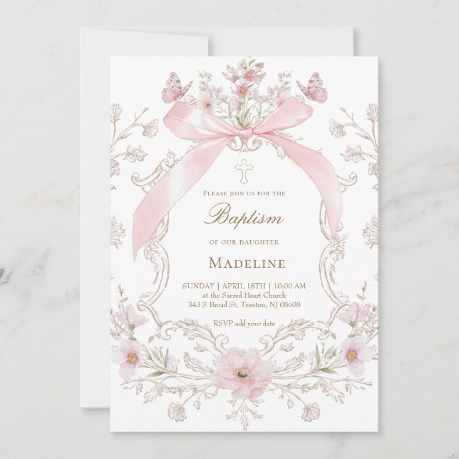 Invitation pink bow and flowers frame Baptism girl (Devant)