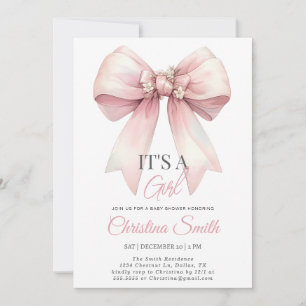 Invitation Pink Bow Aquarelle Blush Rose Baby Girl Douche