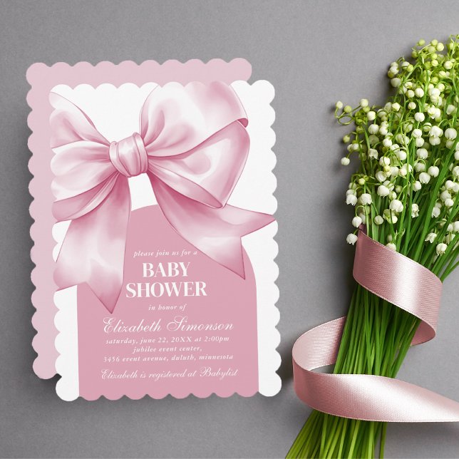 Invitation Pink Bow Baby Girl Elegant Baby Shower (Pink Bow Baby Girl Elegant Baby Shower Invitation)