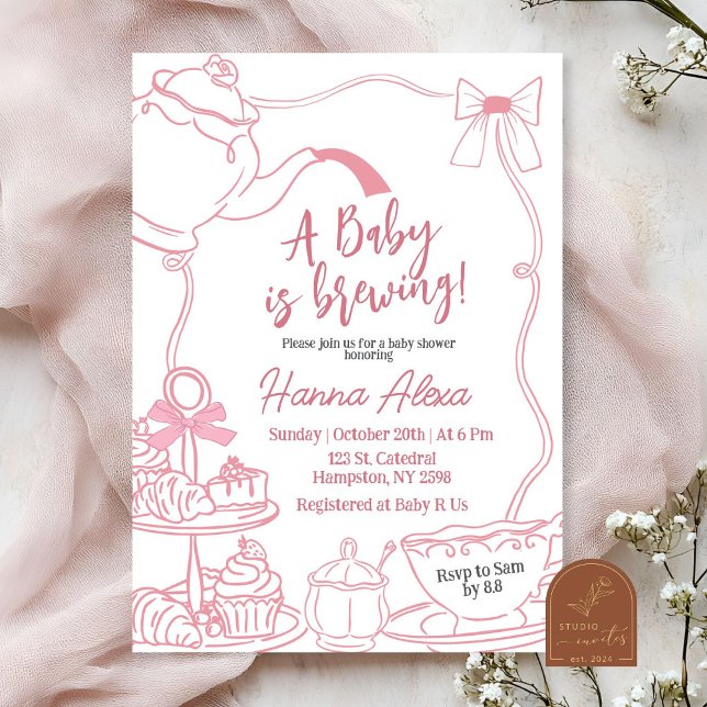 Invitation Pink Bow Baby prépare du thé  Baby Shower (Créateur téléchargé)