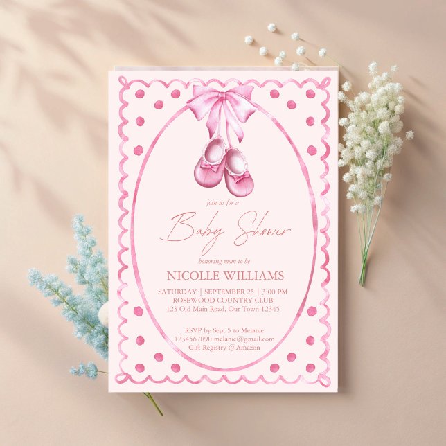 Invitation Pink bow baby shoes coquette elegant baby shower (Pink bow baby shoes coquette elegant baby shower invitation cards template hand drawn wavy border)