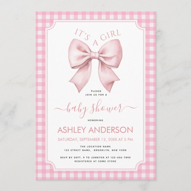 Invitation Pink Bow Baby Shower Gingham Plaid It's a Girl  (Devant)