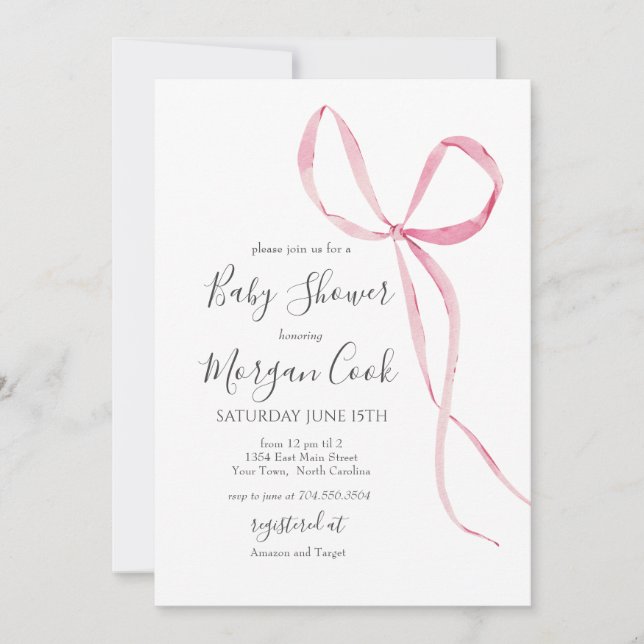 Invitation Pink bow baby shower invitation, bébé fille douche (Devant)
