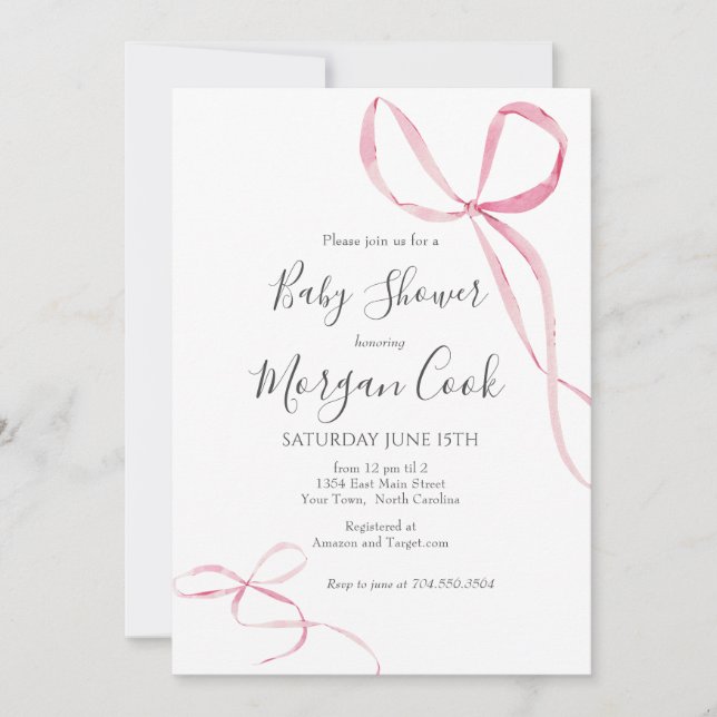 Invitation Pink bow baby shower invitation, bébé fille douche (Devant)