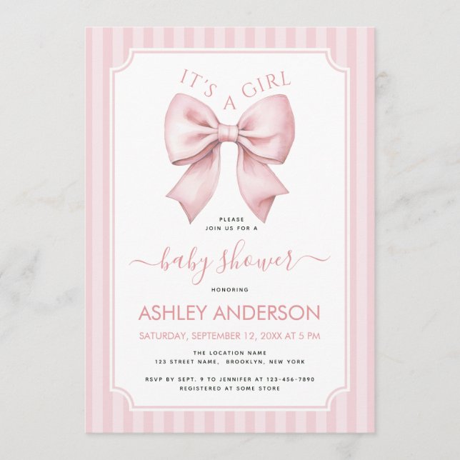 Invitation Pink Bow Baby Shower It's a Girl Coquette Stripes (Devant)
