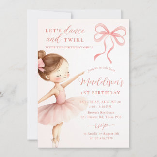 Invitation Pink Bow Ballet Dancer Girl Birthday Party