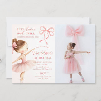 Invitation Pink Bow Ballet Dancer Girl Birthday Party Photo