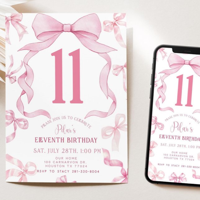 Invitation Pink Bow Birthday Invite, Girls 11th Birthday Invi (Créateur téléchargé)