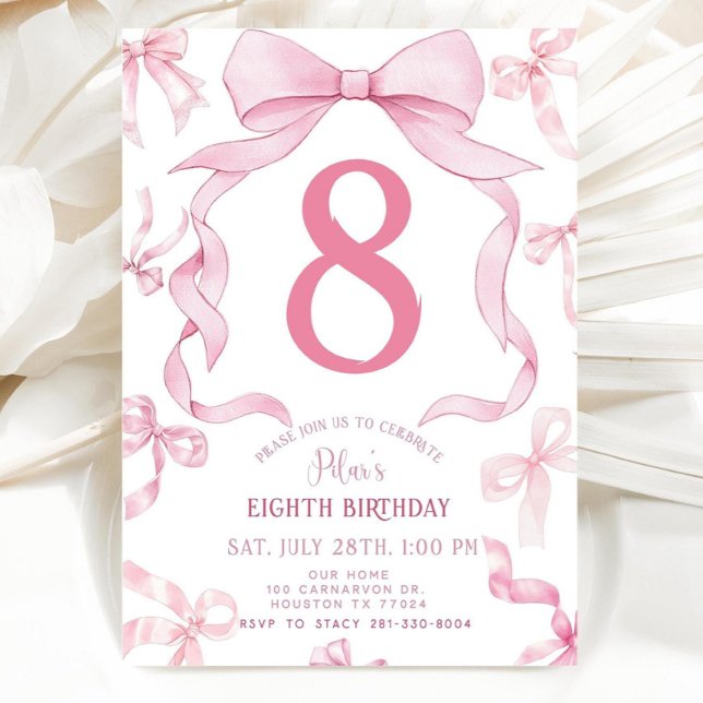 Invitation Pink Bow Birthday Invite, Girls 8th Birthday Invit (Créateur téléchargé)