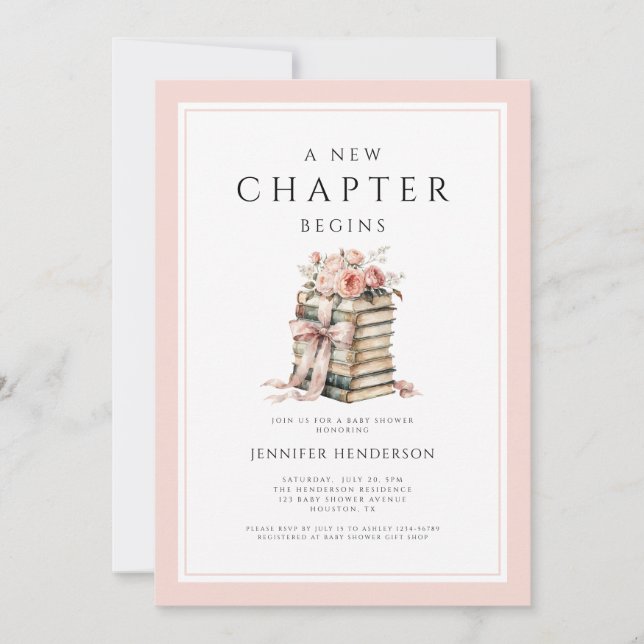 Invitation Pink Bow Books A New Chapter Begins Baby Shower (Devant)