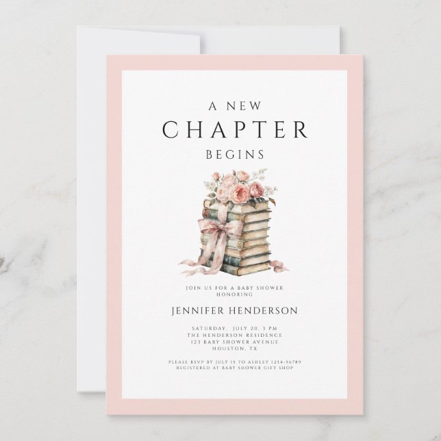 Invitation Pink Bow Books A New Chapter Begins Baby Shower (Devant)
