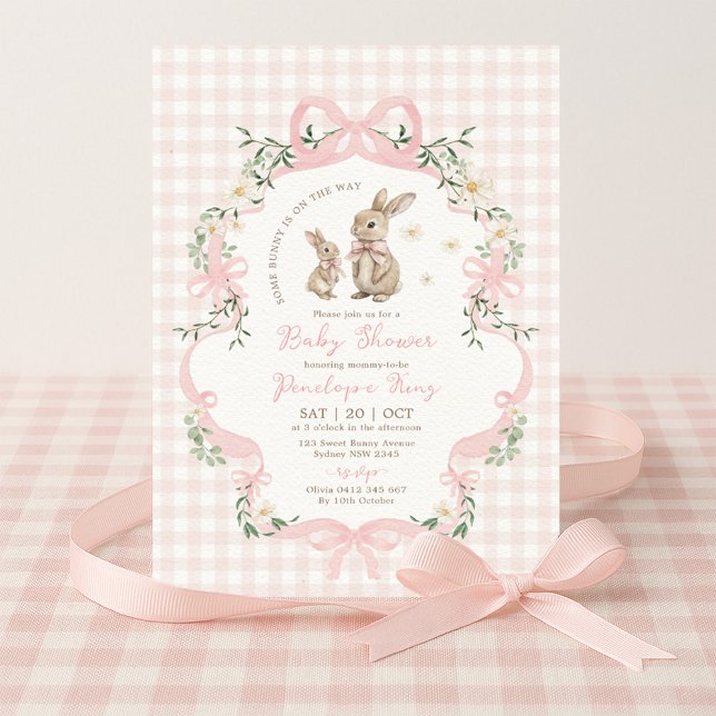 Invitation Pink Bow Bunny Gingham Floral Girl Baby Shower (Créateur téléchargé)