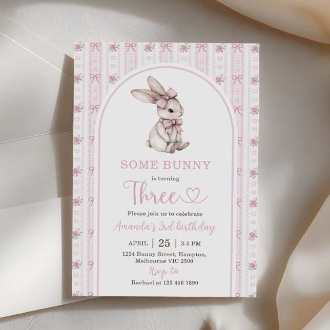 Invitation Pink Bow Bunny Vintage Rabbit 3rd Birthday (Créateur téléchargé)