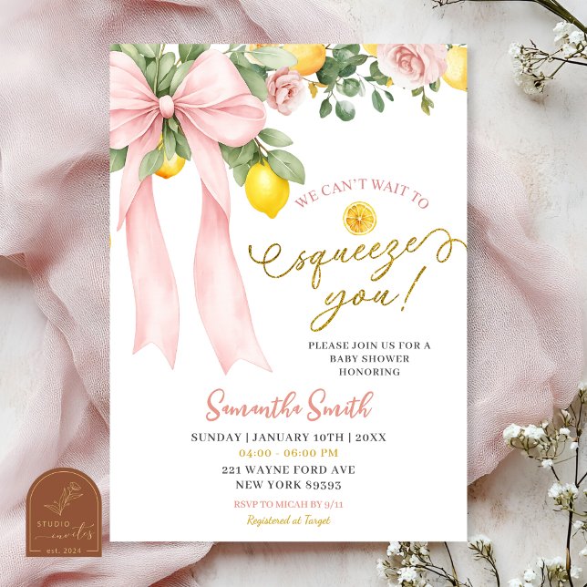 Invitation Pink Bow Can't Wait to Squeeze You Baby Shower (Créateur téléchargé)