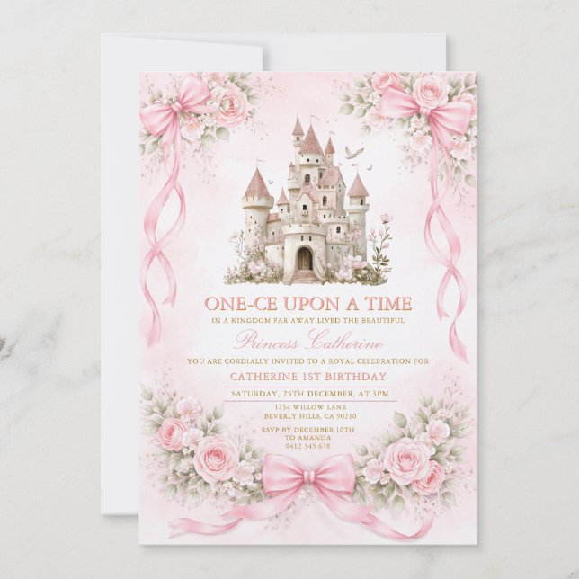 Invitation Pink Bow Castle First Birthday (Devant)