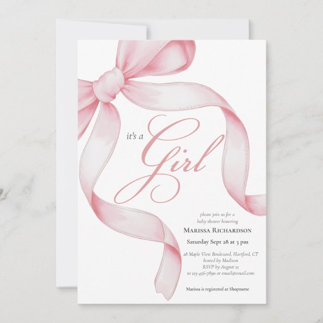 Invitation Pink Bow C'est un Baby shower de fille (Devant)
