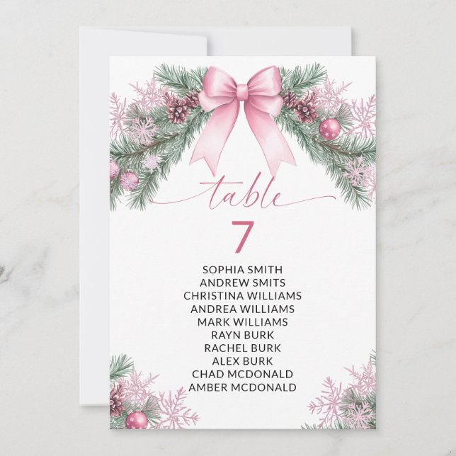 Invitation Pink Bow Christmas Table Number Seating Chart (Devant)