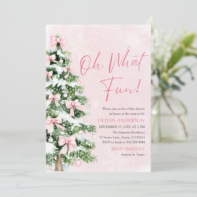 Invitation Pink Bow Christmas Tree Oh What Fun Baby Shower (Debout devant)
