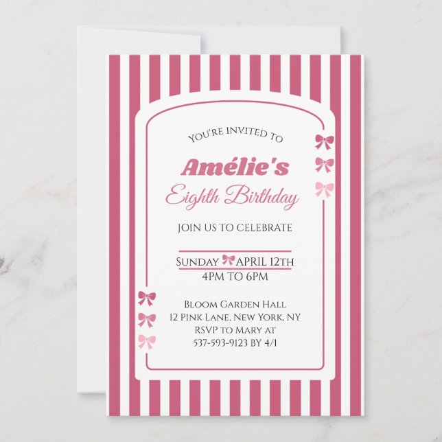 Invitation Pink Bow Coquette Aesthetic Girl Eighth Birthday (Devant)