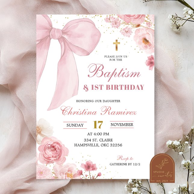 Invitation Pink Bow coquette Baptism & First Birthday  (Créateur téléchargé)