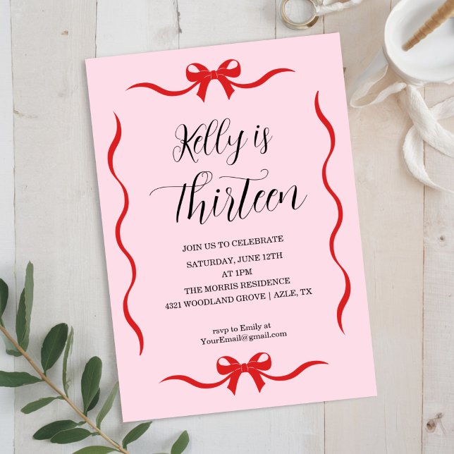 Invitation Pink Bow Coquette Bow Birthday Invitation, 13th (Créateur téléchargé)
