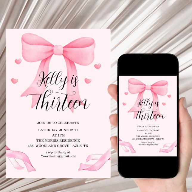 Invitation Pink Bow Coquette Bow Birthday Invitation, 13th (Créateur téléchargé)