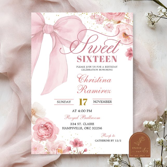 Invitation Pink Bow Coquette floral Sweet Sixteen (Créateur téléchargé)