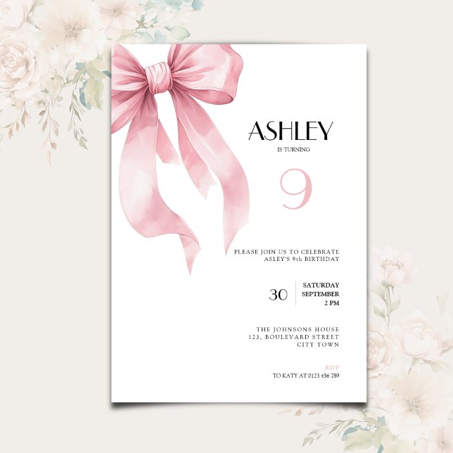 Invitation Pink Bow Coquette for Girls 9th Birthday (Pink bow coquette ribbon 9th birthday invitation for girls)