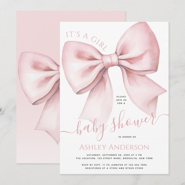 Invitation Pink Bow Coquette It's a Girl Baby Shower (Devant / Derrière)