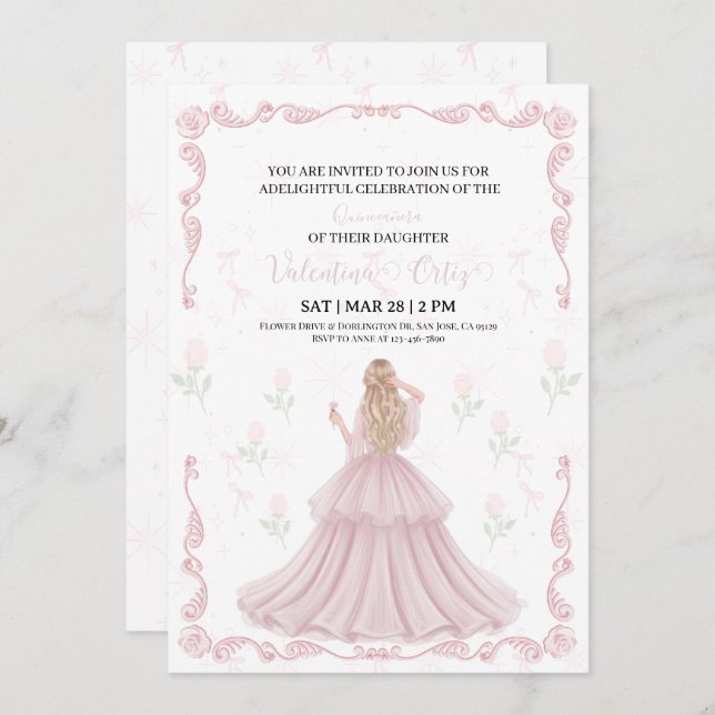 Invitation Pink Bow coquette Princess floral Quinceanera  (Devant / Derrière)