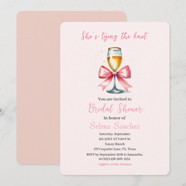Invitation Pink Bow Coquette Prosecco Douche nuptiale (Devant / Derrière)